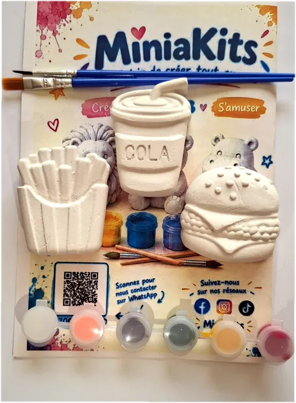 MiniaKits fast-food kit: plaster fries, cola and burger with paints and brushes