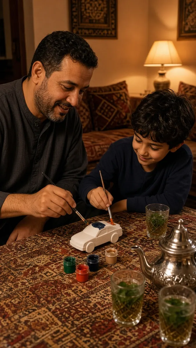 Father and son painting a plaster car after ftour