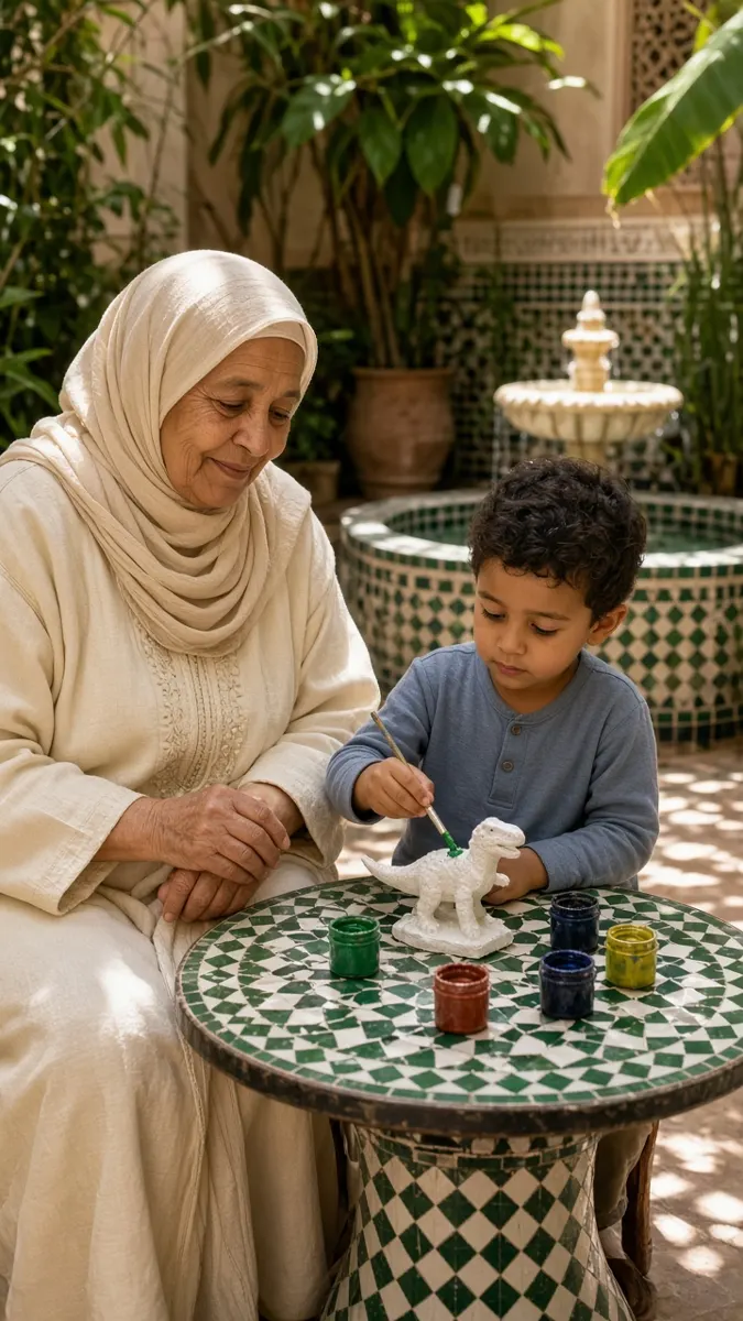 Grandmother and child painting a plaster dinosaur in a riad