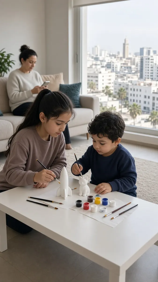 Frère et sœur peignant des figurines à Casablanca