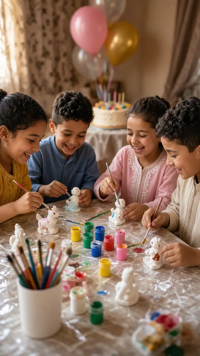 Enfants peignant des figurines à un anniversaire