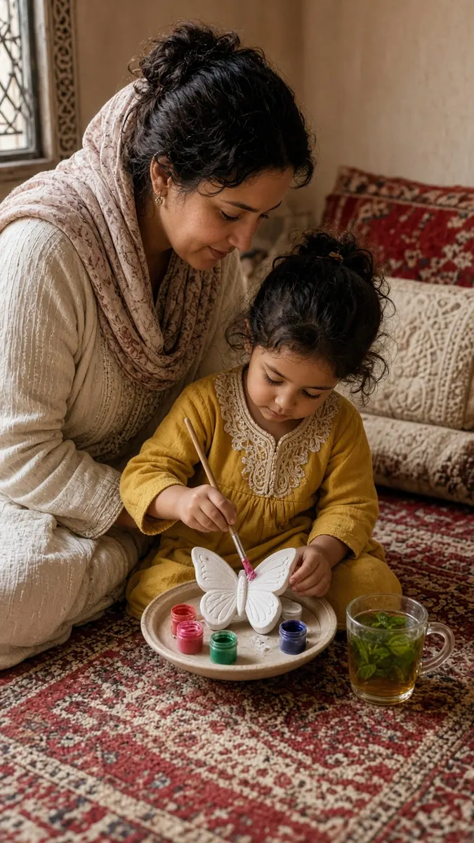 Mother and daughter painting a plaster butterfly