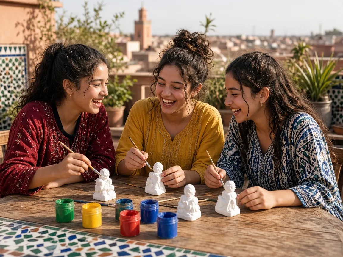 Moroccan teenage girls painting plaster figurines on a rooftop terrace