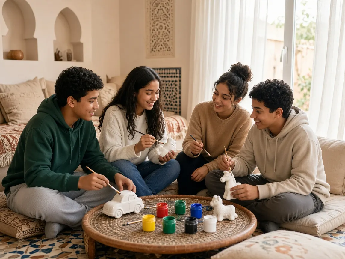 Adolescents peignant des figurines entre amis
