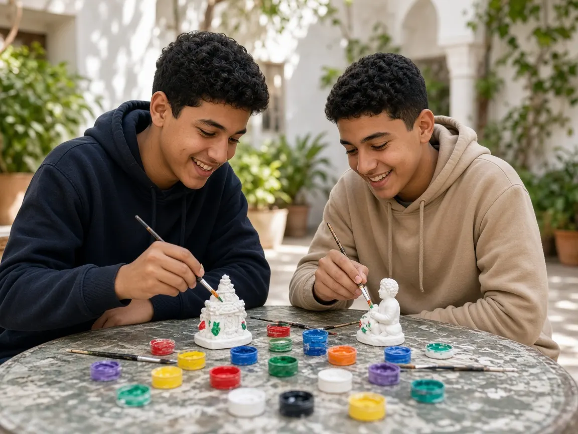 Two teenage boys painting figurines in a sunny courtyard