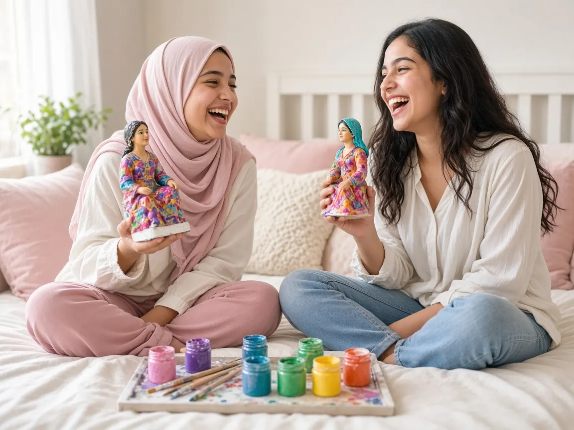 Deux amies montrant leurs figurines peintes