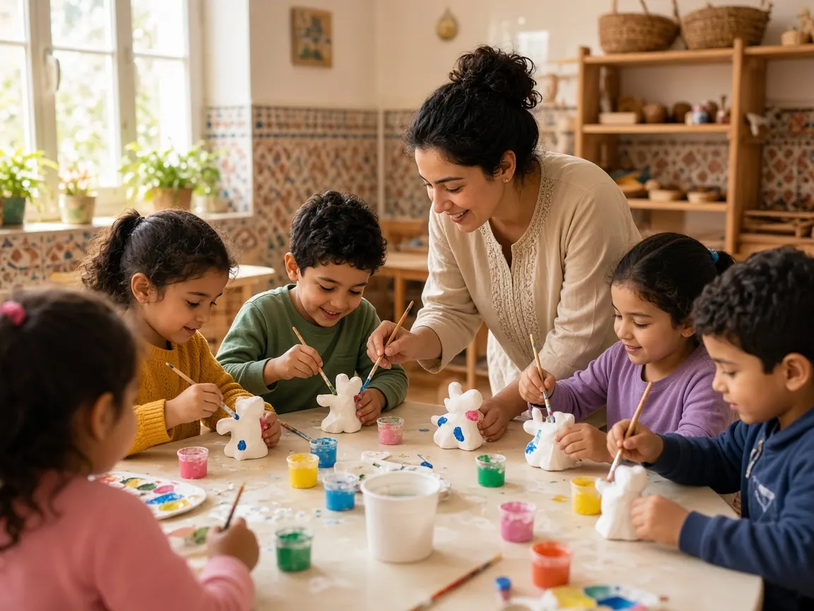 Pupils painting plaster figurines in class