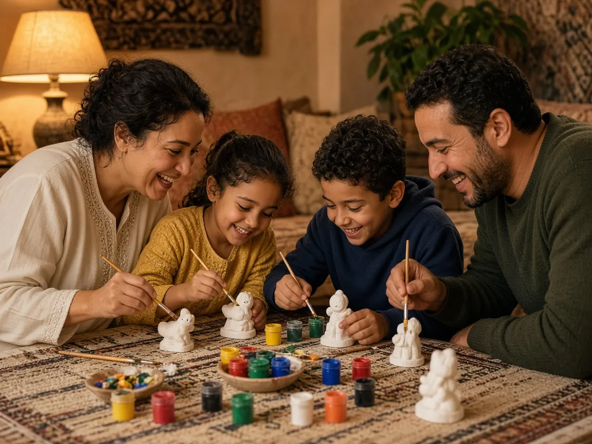 Moroccan family painting plaster figurines together