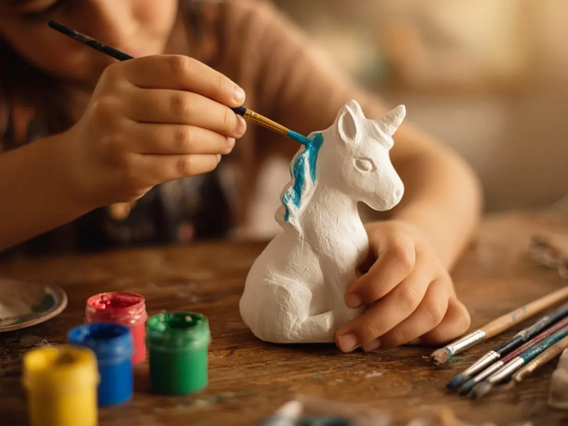 Mains peignant une figurine en plâtre au pinceau